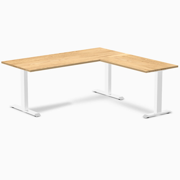 Desky Zero L-Shape Office Desk with White Oak hardwood top and white steel frame.