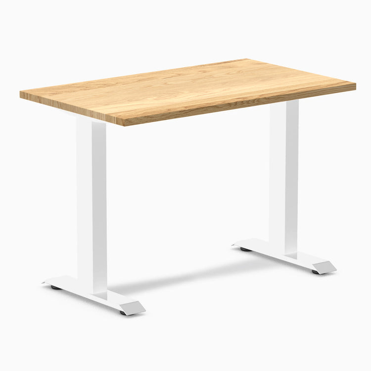 Desky Zero Mini hardwood desk with White Oak top and white steel frame.