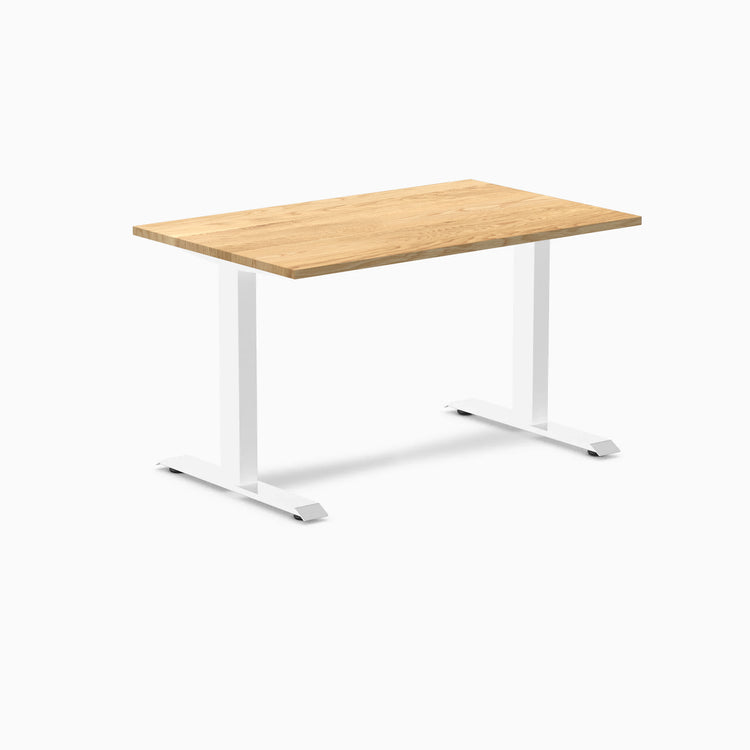 Desky Zero fixed height office desk with a White Oak hardwood top and white steel frame.