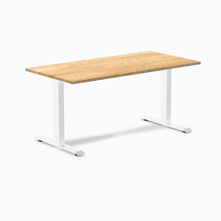 Desky Zero ergonomic office desk with a White Oak hardwood top and white steel frame.