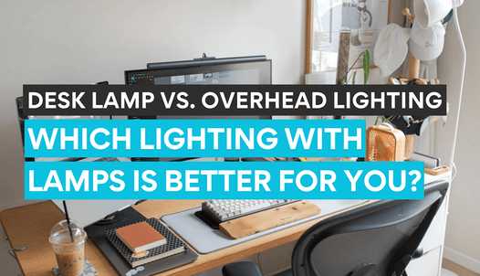 A desk setup using overhead lighting and desk lamps for work.