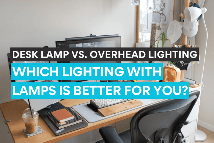A desk setup using overhead lighting and desk lamps for work.