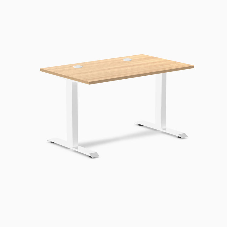 Desky Zero fixed height office desk with Sublime Teak laminate top, white steel frame, and two grommets.