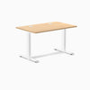 Desky Zero fixed height office desk with Sublime Teak laminate top, white steel frame, and two grommets.