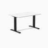 Desky Zero fixed height office desk with white laminate top, matte black steel frame, and grommets.
