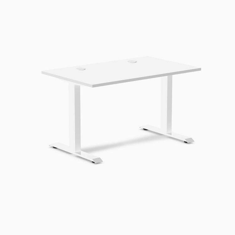 White Desky Zero laminate office desk, 47.2 x 29.5 inches, with grommets and steel frame.