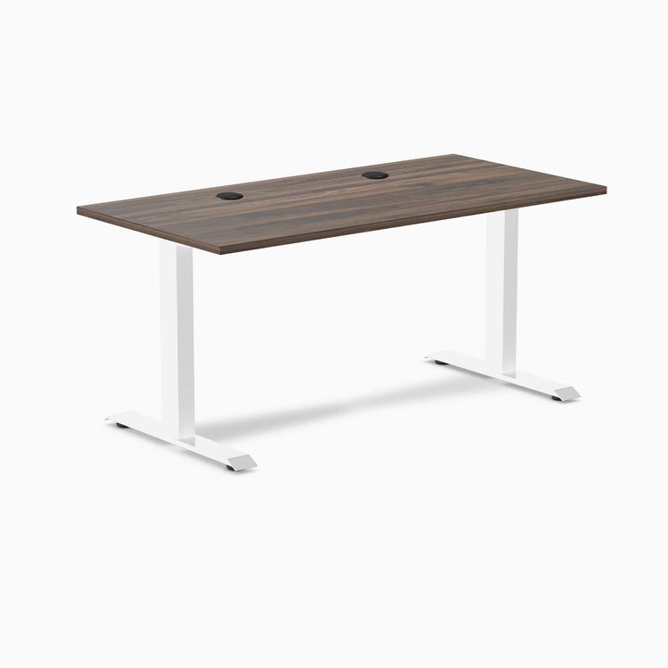 Desky Zero fixed-height office desk with Jarrah Legno laminate top, white steel frame, and two grommets.