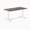 Desky Zero fixed-height office desk with Jarrah Legno laminate top, white steel frame, and two grommets.