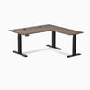 Desky L-Shape Laminate Sit Stand Desk in Jarrah Legno with Matte Black legs and grommets.