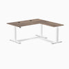 Desky L-Shape Laminate Sit Stand Desk in Natural Walnut with white frame and grommets.