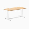 Desky Zero fixed height office desk with Sublime Teak laminate top, white steel frame, and two grommets.