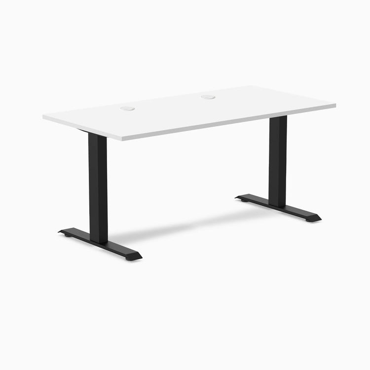 Desky Zero fixed height office desk with white laminate top, matte black steel frame, and grommets.