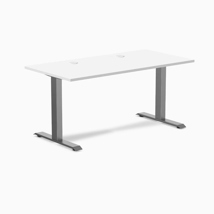 Desky Zero fixed height office desk with white laminate top, space gray steel frame, and two grommets.