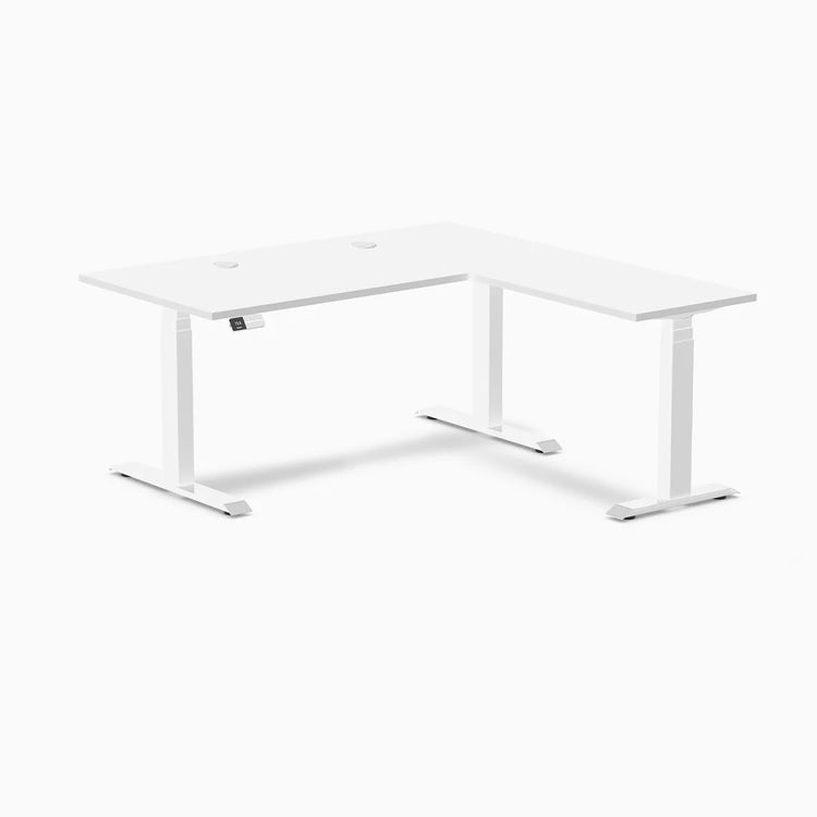 White Desky L-Shape Laminate Sit Stand Desk with grommets and adjustable triple electric motors.