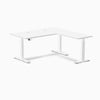 White Desky L-Shape Laminate Sit Stand Desk with grommets and adjustable triple electric motors.
