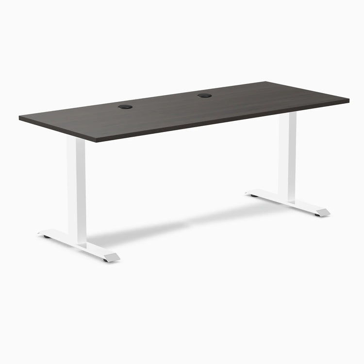 Desky Zero laminate office desk, 70.9x29.5 inch burnished wood top with grommets, white steel frame.