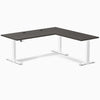 Burnished wood laminate L-shaped sit-stand desk with white adjustable legs and grommets.