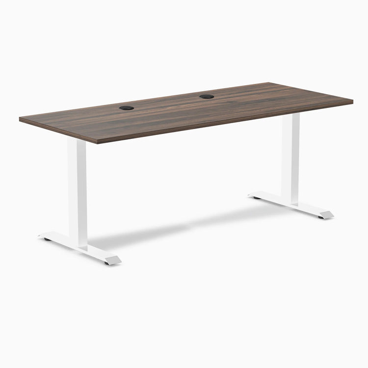 Desky Zero fixed height office desk with Jarrah Legno laminate top, white steel frame, and two grommets.