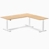 Desky L-Shape Laminate Sit Stand Desk in Sublime Teak with white frame and grommets.