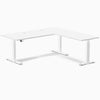 White Desky L-Shape Laminate Sit Stand Desk with grommets and adjustable white frame.