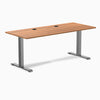 Desky Zero fixed height office desk with Prime Oak laminate top, two grommets, and Space Gray steel frame.