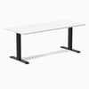 Desky Zero laminate office desk with white top, matte black steel frame, and two grommets.
