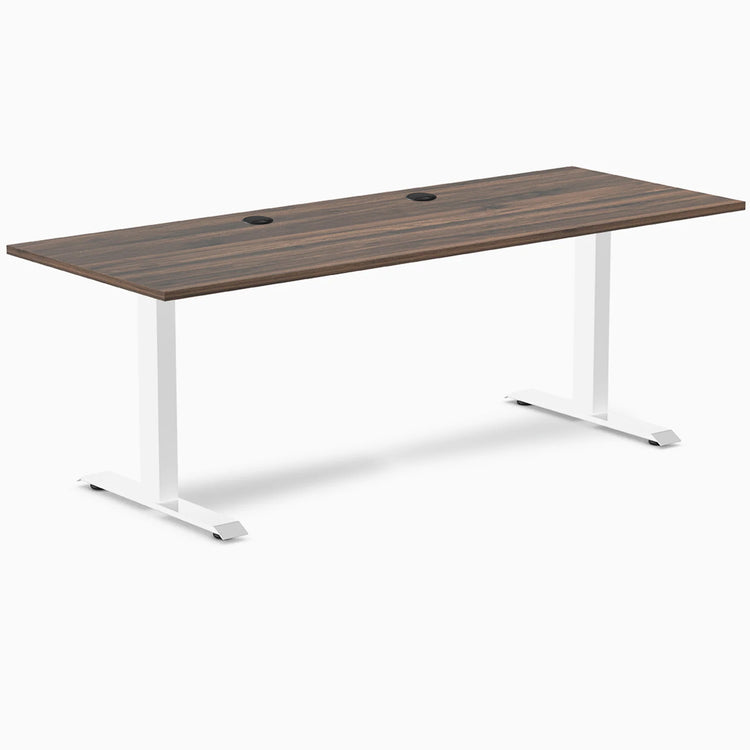 Desky Zero office desk with Jarrah Legno laminate top, white steel frame, and two grommets.