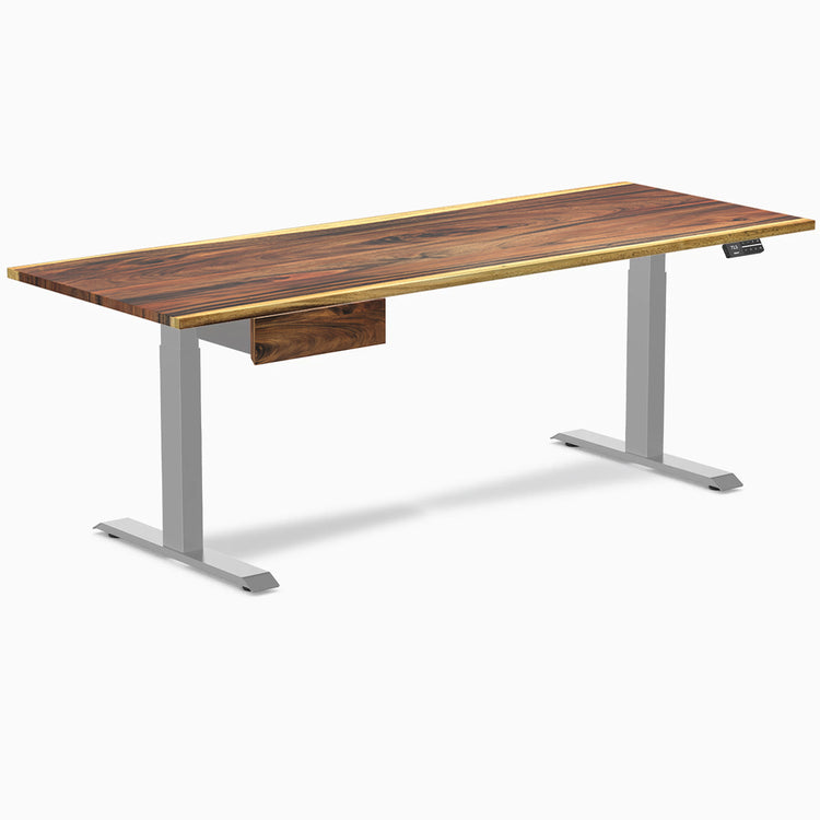 Desky Dual Hardwood Standing Desk with Saman top, gray legs, and matching drawer.