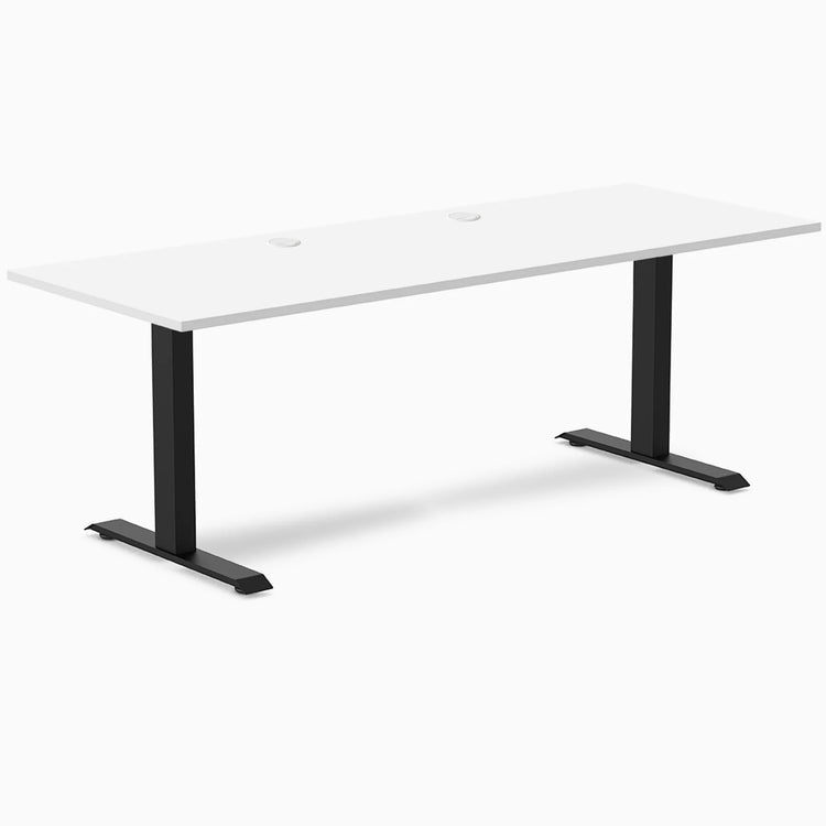 Desky Zero fixed height office desk with a white laminate top, matte black steel frame, and two grommets.