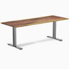 Desky Zero 80x30 inch Saman hardwood office desk with a Space Gray steel frame.