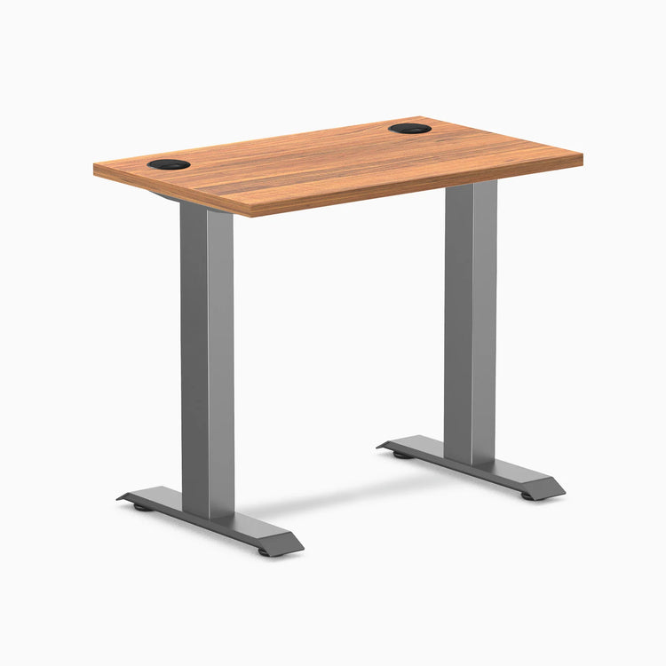 Desky Zero Mini office desk, Prime Oak 32x20 inch top with grommets, Space Gray fixed-height legs.