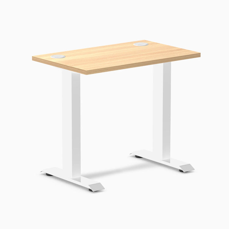 Desky Zero Mini office desk with Sublime Teak 32x20 inch top, white fixed-height legs, and grommets.