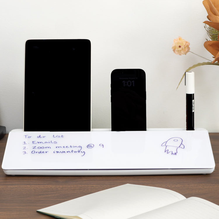 White Desky Desktop Whiteboard with tablet, smartphone, marker, and "To do list" written on its glass surface.