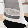 Close-up of Desky Pulse desk chair back with white frame, grey mesh, and white lumbar support.
