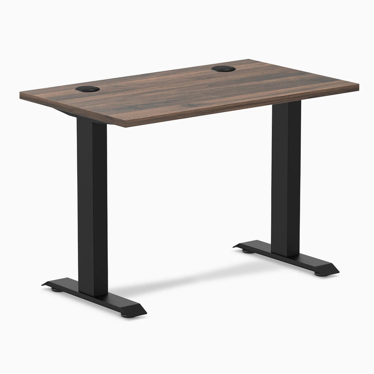 Desky Zero Mini sit-stand desk, Jarrah Legno 40x24 inch top with grommets, matte black legs.