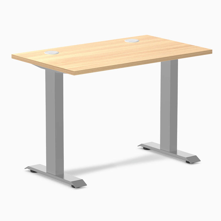 Desky Zero Mini sit-stand desk, Sublime Teak top (40x24) with grommets, gray fixed-height legs.