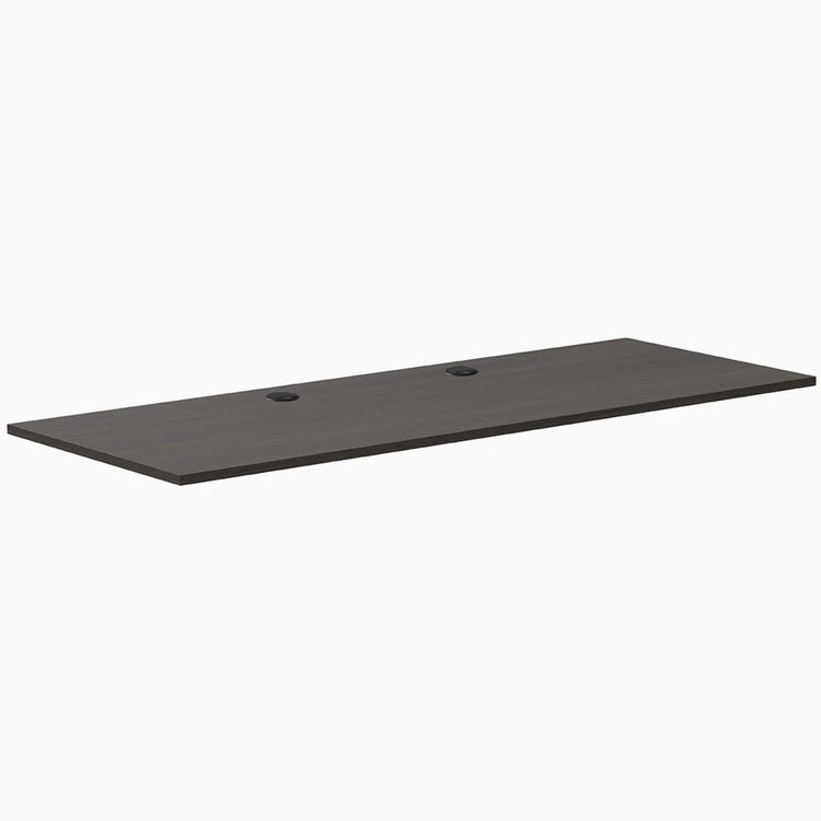 Desky Burnished Wood laminate desktop, 78.7x29.5 inches, with two black grommets.