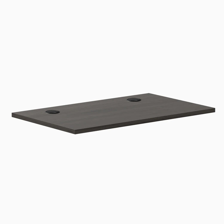 Desky Mini 40x24 inch Burnished Wood melamine laminate desktop with two black grommets.