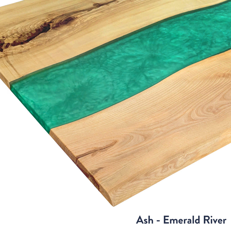 Ash hardwood desk with a vibrant emerald green resin river feature.