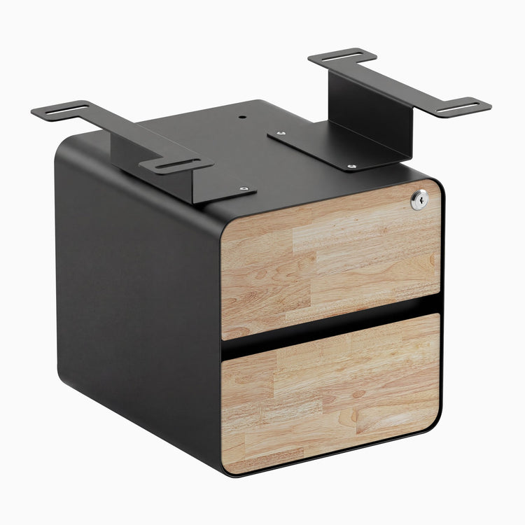Desky minimal under desk cabinet black frame, natural rubberwood front