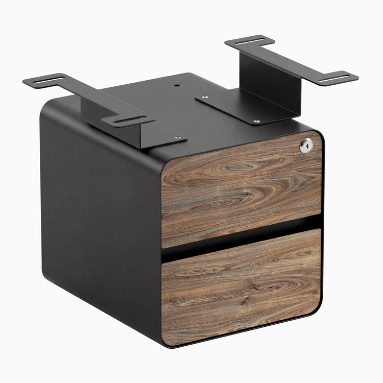 Desky minimal under desk cabinet black frame, natural walnut front