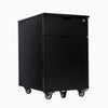 Desky black laminate filing cabinet with one personal drawer, one full-size file drawer, lock, and casters.
