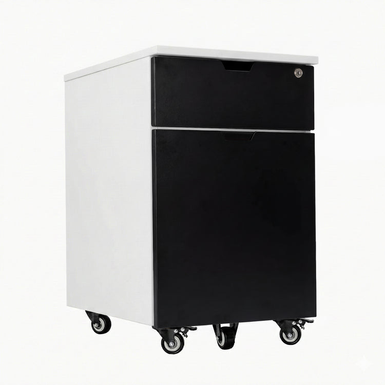 White Desky wooden filing cabinet with black laminate drawers, one lockable, on casters.