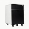 White Desky wooden filing cabinet with black laminate drawers, one lockable, on casters.