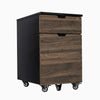 Black Desky wooden filing cabinet with Jarrah Legno drawers, lockable, on casters.