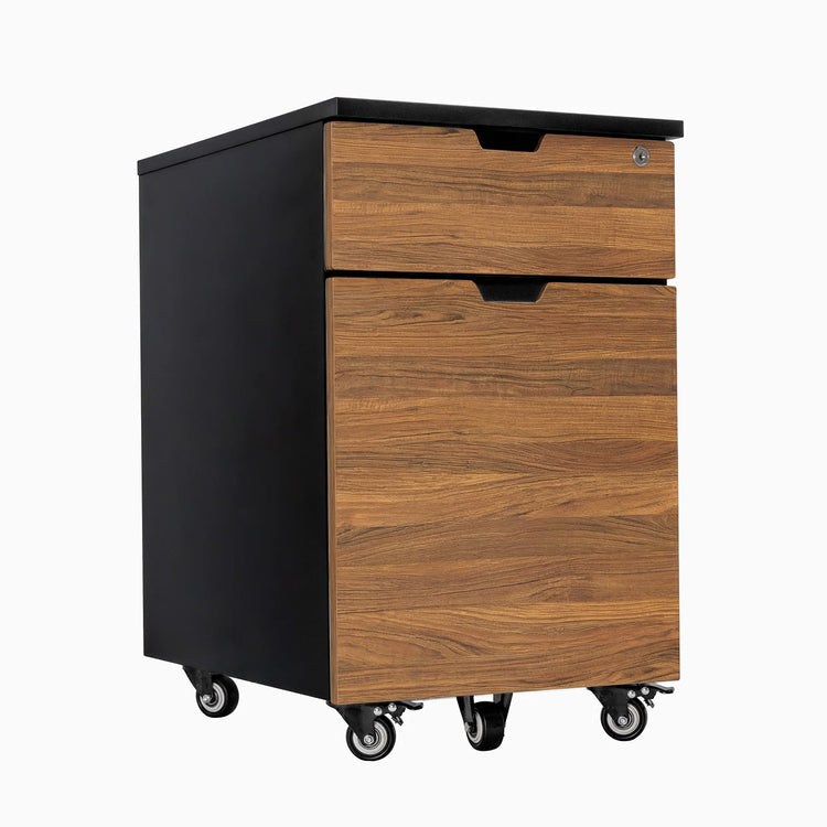 Desky black filing cabinet with prime oak laminate front, two drawers, and casters.