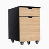 Black Desky wooden filing cabinet with two Sublime Teak laminate drawers, one lockable, on casters.