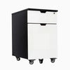 Desky black and laminate white wooden filing cabinet with two drawers and casters.
