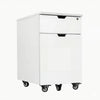 White Desky wooden minimal filing cabinet with one personal drawer, one full-size file drawer, lock, and casters.