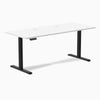 White Desky Single Sit Stand Desk, 70.9x29.5 inch, with black frame, grommets, and control panel.